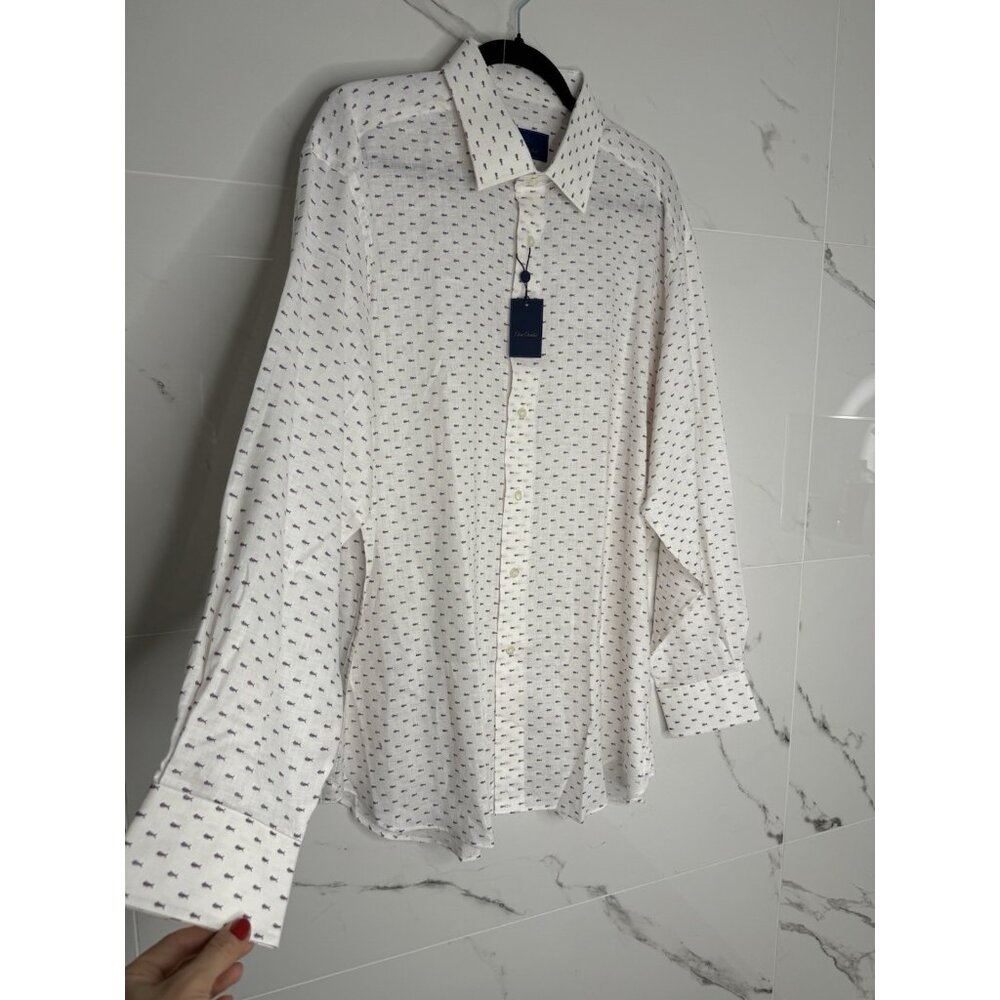 NWT David Donahue White Button Down Fishbone Pattern Fusion Linen 15.5 34/35